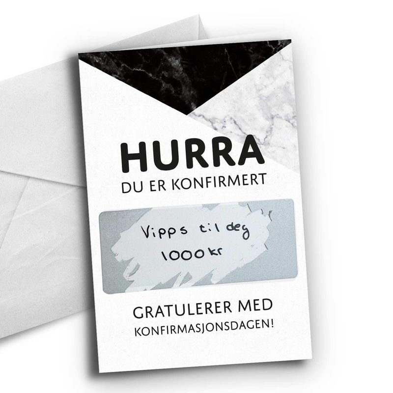 Hurra du er konfirmert (svart marmor) med skrapefelt