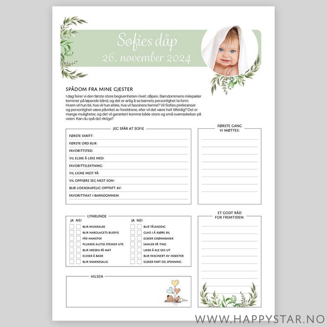 Hovedbilde Spådomsark oliven med personlig tekst dåp ...