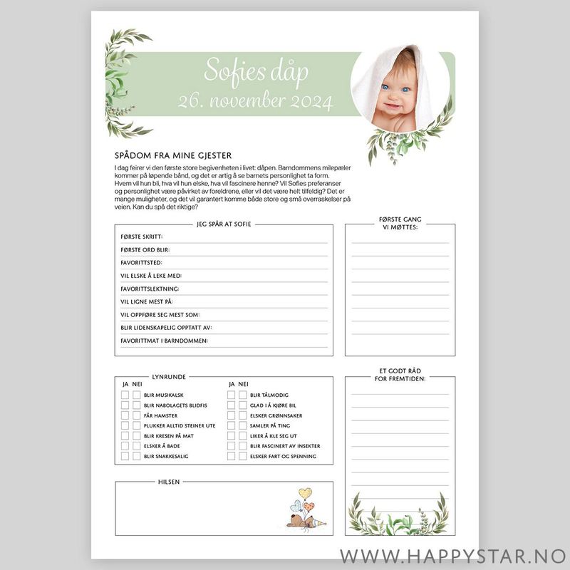 Spådomsark oliven med personlig tekst dåp (unisex)