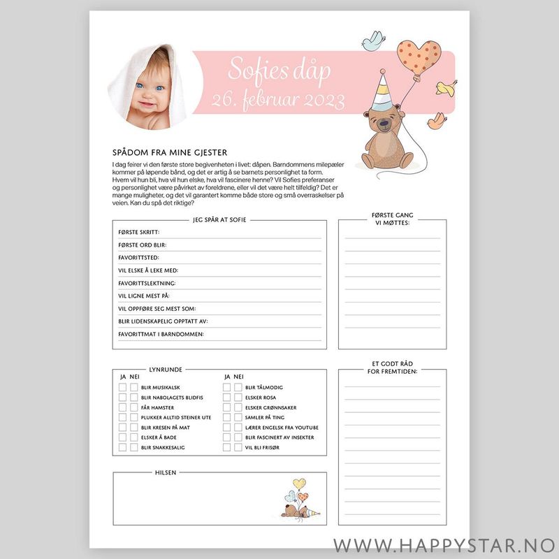 Spådomsark personlig tekst dåp (jente)