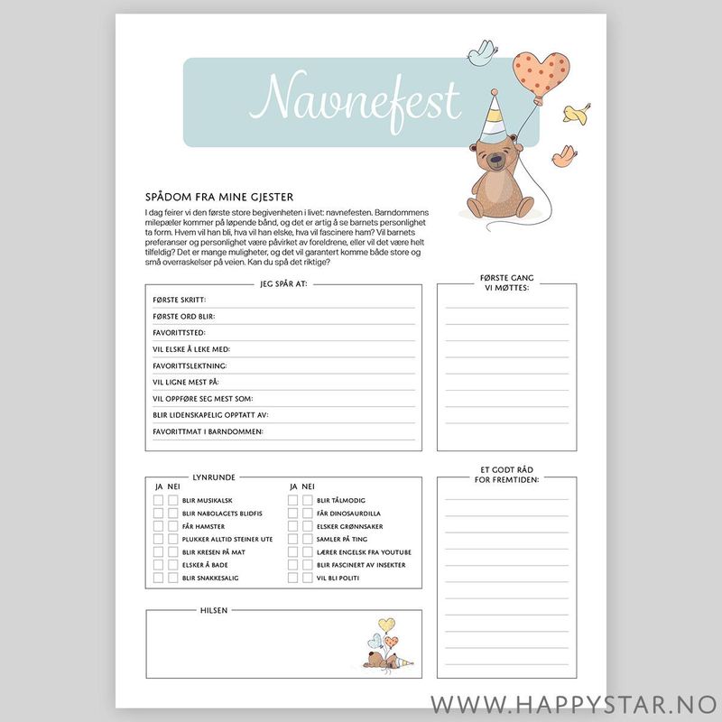 Spådomsark generisk navnefest (gutt)