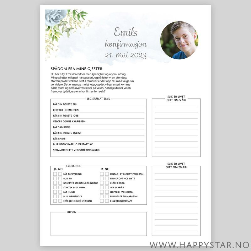 Spådomsark personlig tekst blå blomster