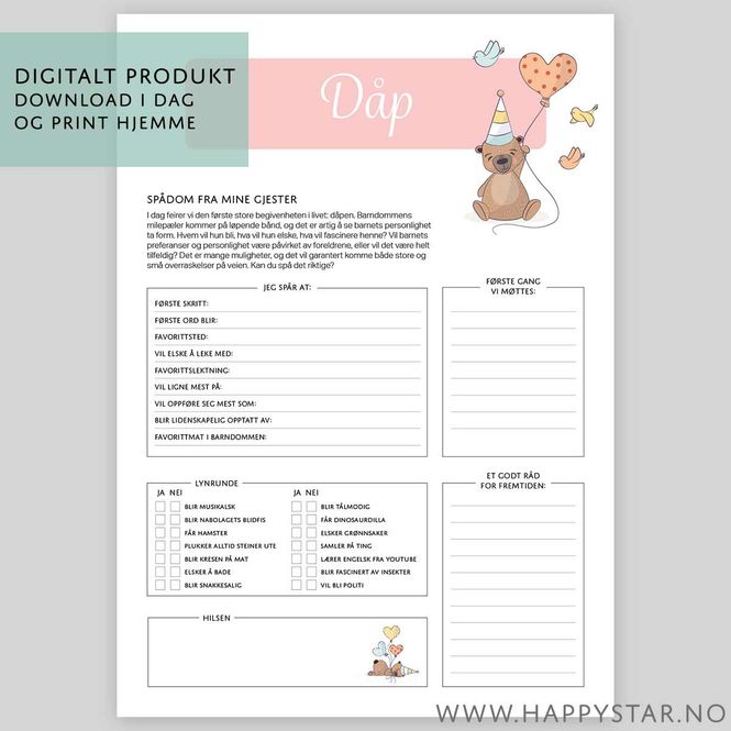 Hovedbilde Spådomsark dåp (jente) - Digital PDF