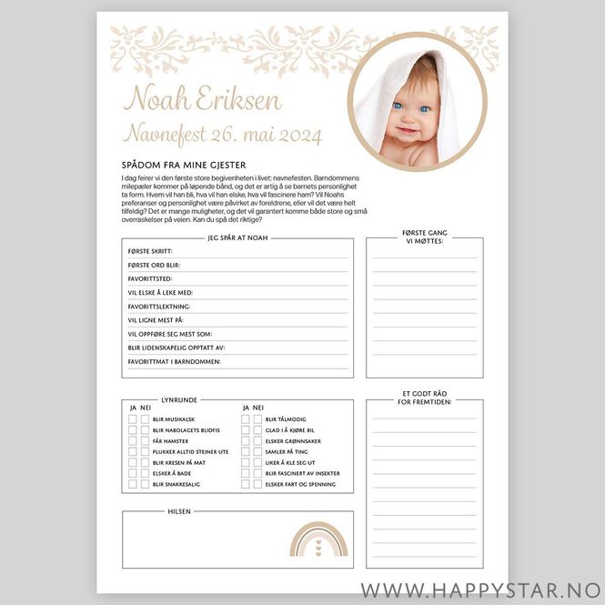 Hovedbilde Spådomsark beige med personlig tekst navnefest ...