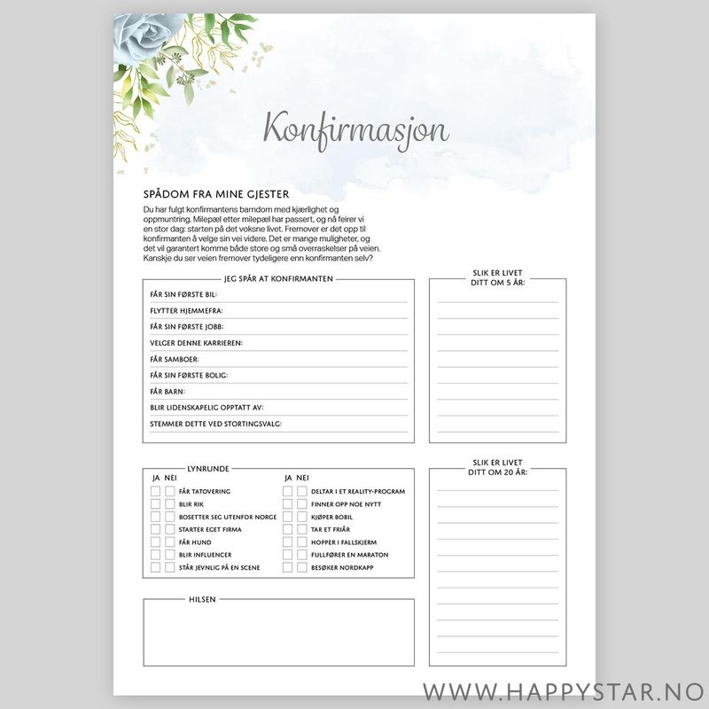 Spådomsark blå blomster - Digital PDF