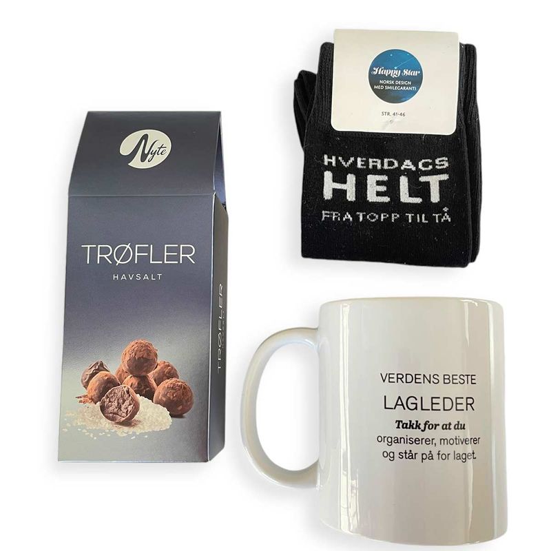 Gavepakke 'VB lagleder' med strømper og sjokoladetrøfler